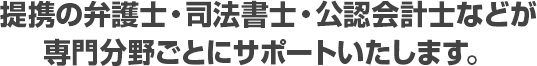 提携の弁護士・司法書士・公認会計士などが専門分野ごとにサポートいたします。
