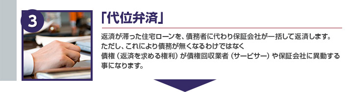 「代位弁済」返済が滞った住宅ローンを、債務者に代わり保証会社が一括して返済します。
ただし、これにより債務が無くなるわけではなく
債権（返済を求める権利）が債権回収業者（サービサー）や保証会社に異動する
事になります。