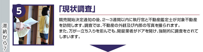「現状調査」競売開始決定通知の後、２～３週間以内に執行官と不動産鑑定士が対象不動産を訪問します。調査では、不動産の外観及び内部の写真を撮られます。
また、万が一立ち入りを拒んでも、開錠業者がドアを開け、強制的に調査をされてしまいます。