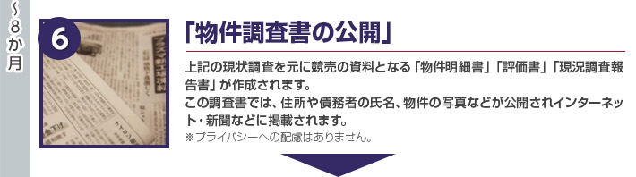 「物件調査書の公開」上記の現状調査を元に競売の資料となる「物件明細書」「評価書」「現況調査報告書」が作成されます。
この調査書では、住所や債務者の氏名、物件の写真などが公開されインターネット・新聞などに掲載されます。
※プライバシーへの配慮はありません。