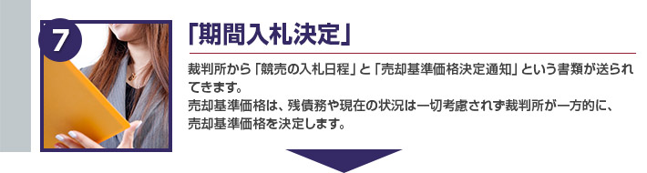 「期間入札決定」裁判所から「競売の入札日程」と「売却基準価格決定通知」という書類が送られ
てきます。
売却基準価格は、残債務や現在の状況は一切考慮されず裁判所が一方的に、
売却基準価格を決定します。