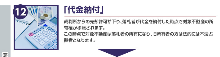 「代金納付」裁判所からの売却許可が下り、落札者が代金を納付した時点で対象不動産の所有権が移転されます。
この時点で対象不動産は落札者の所有になり、旧所有者の方は法的には不法占拠者となります。