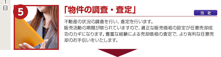 「物件の調査・査定」不動産の状況の調査を行い、査定を行います。
販売活動の期間が限られていますので、適正な販売価格の設定が任意売却成功のカギになります。豊富な経験による売却価格の査定で、より有利な任意売却のお手伝いをいたします。
