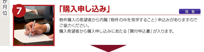 「購入申し込み」物件購入の希望者から内覧（物件の中を見学すること）申込みがありますのでご協力ください。
購入希望者から購入申し込みにあたる「買付申込書」が入ります。
